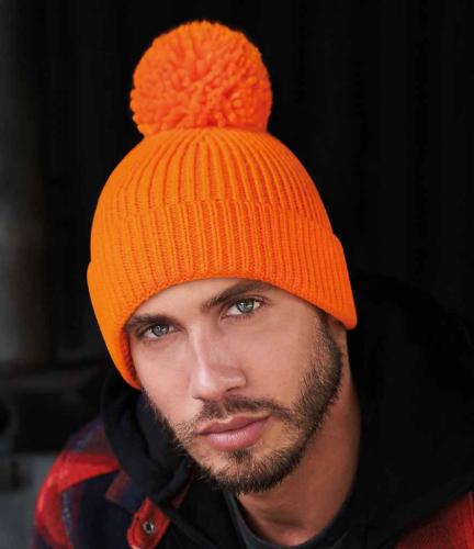 Beechfield Engineered Knit Ribbed Pom Pom Beanie - ORA - ONE